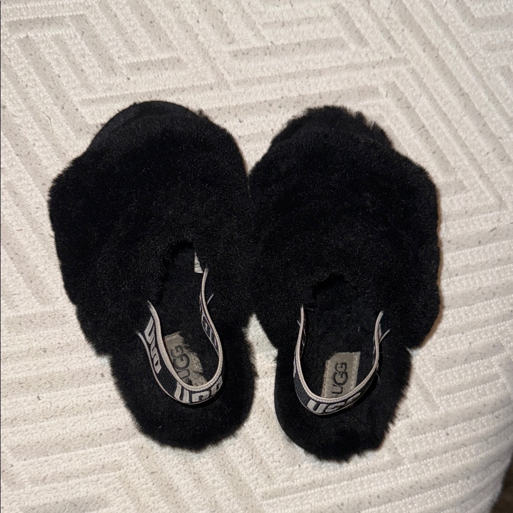 UGG Kids Black Fuzzy Slippers
